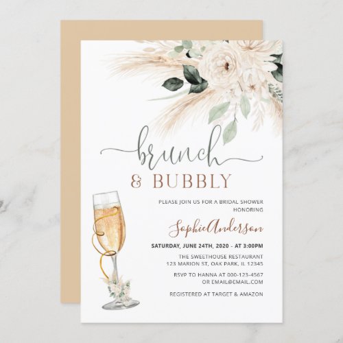 Greenery Desert Boho Pampas Grass Brunch  Bubbly Invitation