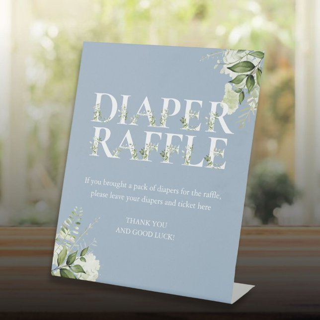 Greenery Diaper Raffle Dusty Blue Baby Shower Pedestal Sign (Greenery Diaper Raffle Dusty Blue Baby Shower Pedestal Sign)
