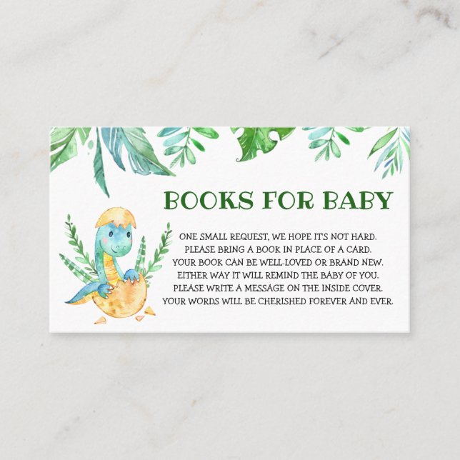 Greenery Dinosaur Baby Shower Books for Baby Business Card (Front)