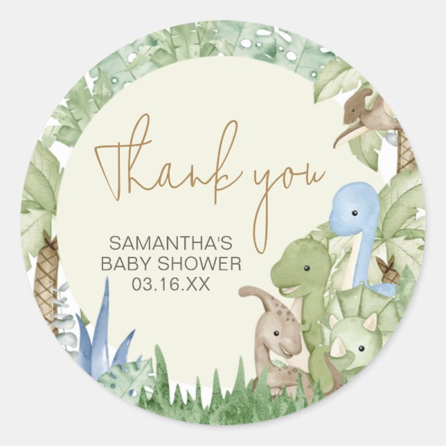 Greenery Dinosaur Baby Shower  Classic Round Sticker (Front)