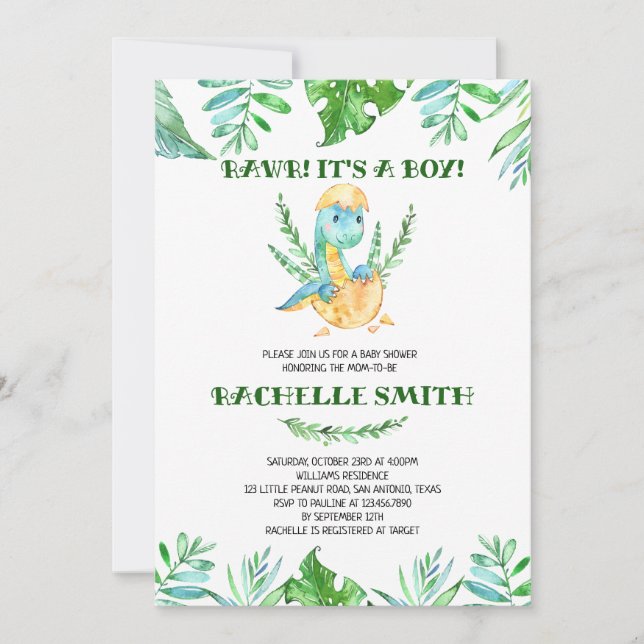 Greenery Dinosaur Baby Shower Invitation (Front)