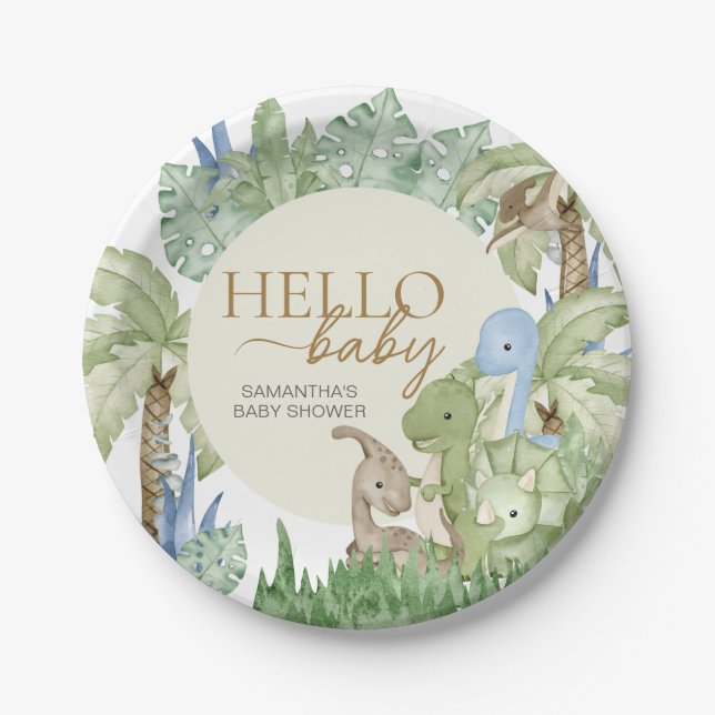 Greenery Dinosaur Baby Shower  Paper Plates (Front)
