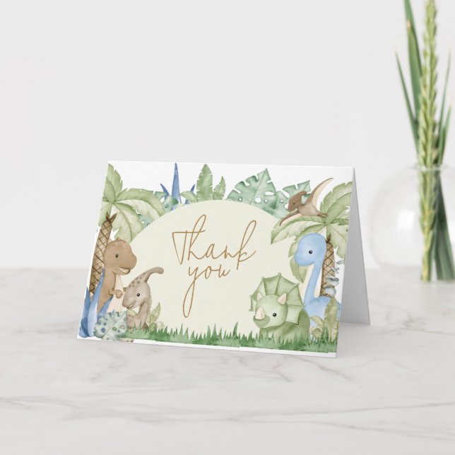 Greenery Dinosaur Baby Shower Thank You Card (Front)
