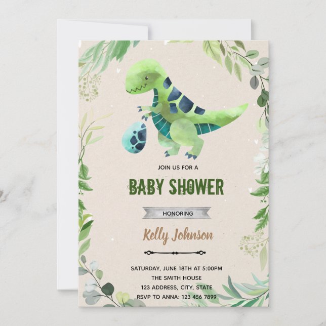 Greenery dinosaur shower birthday invitation (Front)