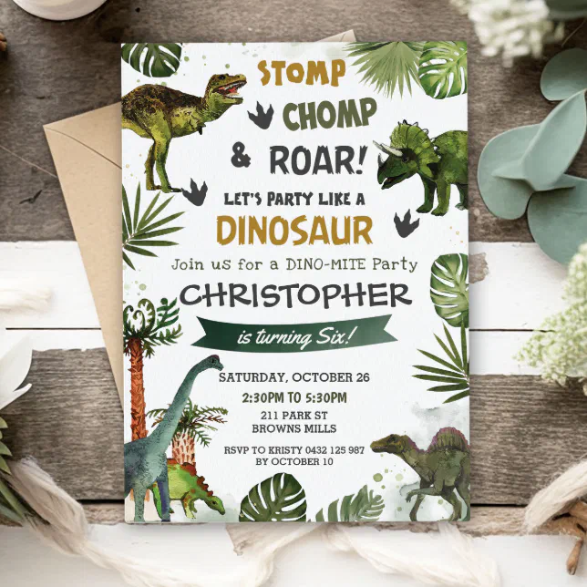 Greenery Dinosaurs Birthday Party Stomp Chomp Roar Invitation | Zazzle