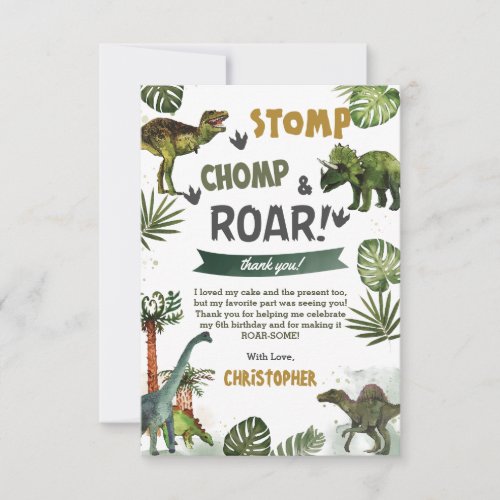 Greenery Dinosaurs Birthday Party Stomp Chomp Roar Thank You Card