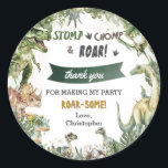 Greenery Dinosaurs Jurassic Boy Birthday Classic Round Sticker<br><div class="desc">Personalize these roar-some Dinosaur Birthday Party Round Sticker Labels with your own wording and details easily and quickly, simply press the Edit Using Design Tools button to further re-arrange and format the style and placement of the text. Featuring watercolor tyrannosaurus, triceratops, brontosaurus, spinosaurus and Jurassic greenery. (c) The Happy Cat...</div>