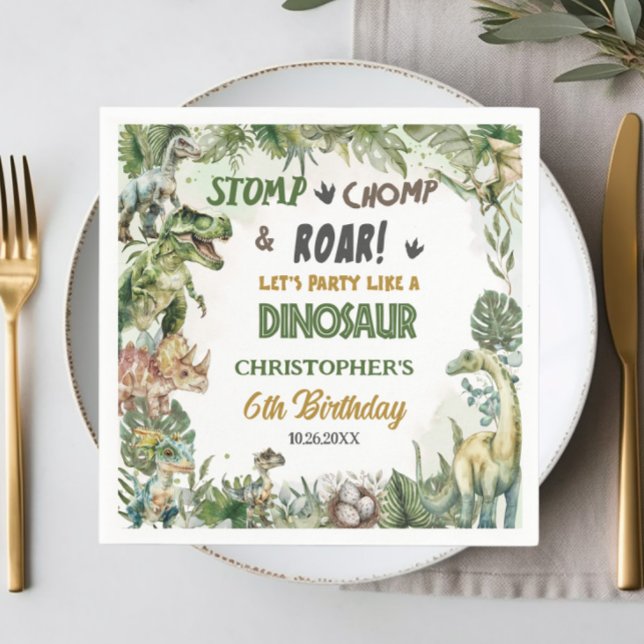 Greenery Dinosaurs Jurassic Boy Birthday Party  Napkins (cool scary dinosaurs birthday party serviettes napkins t-rex brontosaurus triceratops )