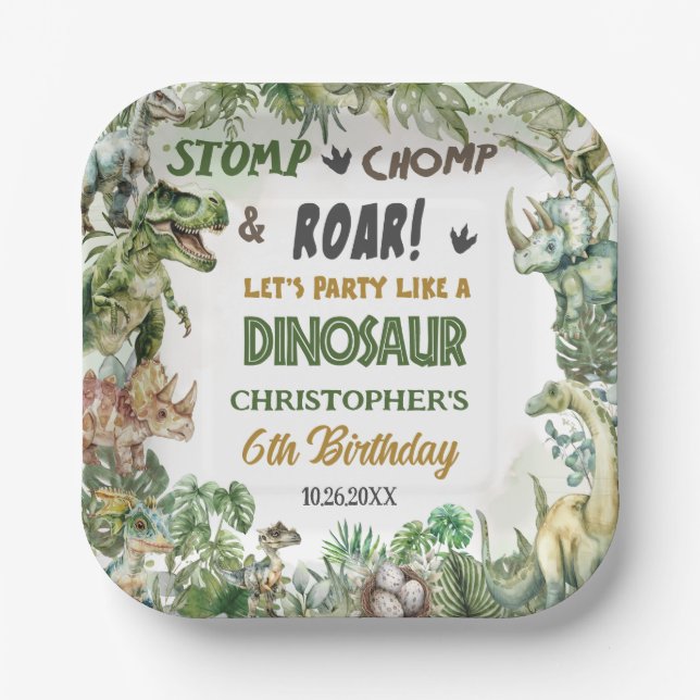 Greenery Dinosaurs Jurassic Boy Birthday Party  Paper Plates (Front)