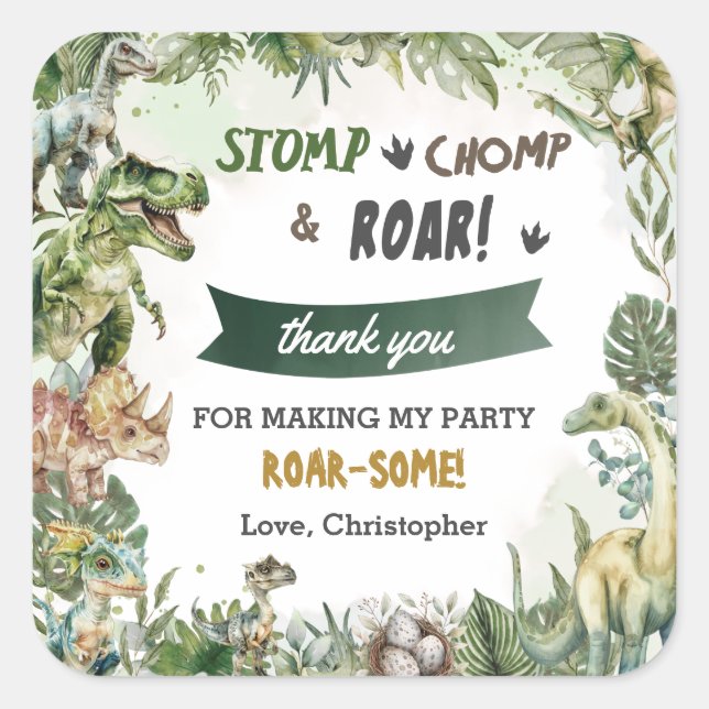Greenery Dinosaurs Jurassic Boy Birthday Party  Square Sticker (Front)
