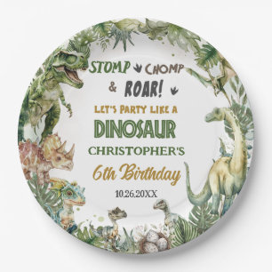 Greenery Dinosaurs Jurassic Boy Birthday Round Paper Plates