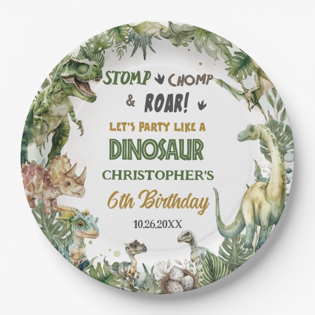 Greenery Dinosaurs Jurassic Boy Birthday Round Paper Plates (Front)