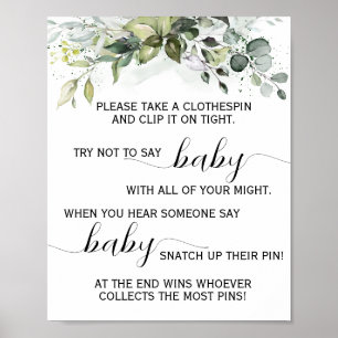Greenery Don't say Baby Clothespin Shower Game Poster