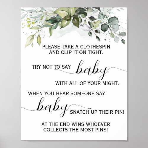 Greenery Dont say Baby Clothespin Shower Game Poster