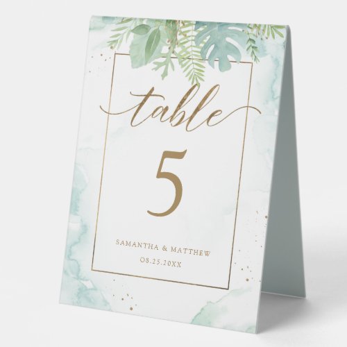 Greenery Dusty Blue and Green Watercolor with Gold Table Tent Sign