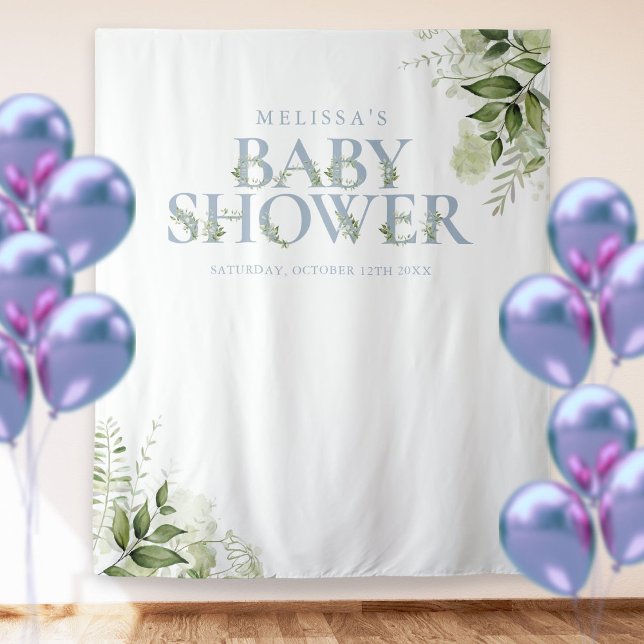 Greenery Dusty Blue Baby Shower Photo Backdrop (Creator Uploaded)