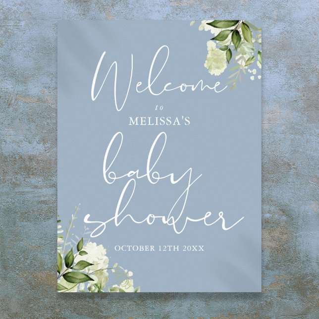 Greenery Dusty Blue Baby Shower Welcome Sign (Greenery Dusty Blue Baby Shower Welcome Sign)