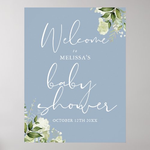 Greenery Dusty Blue Baby Shower Welcome Sign