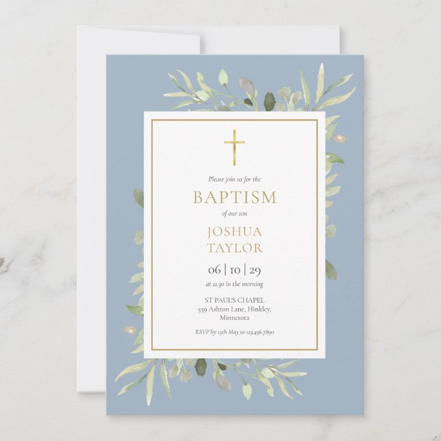 Greenery Dusty Blue Baptism Christening QR Code Invitation (Front)