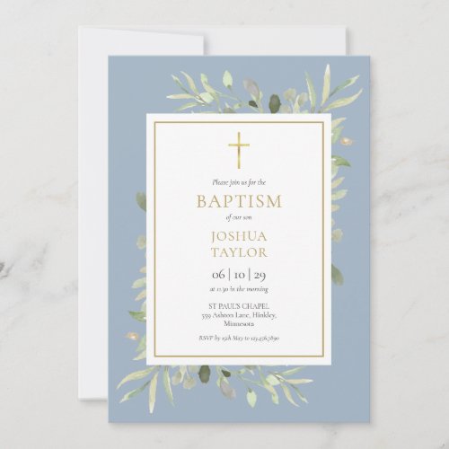 Greenery Dusty Blue Baptism Christening QR Code Invitation