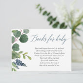 Greenery dusty blue boy baby shower book request enclosure card (Standing Front)