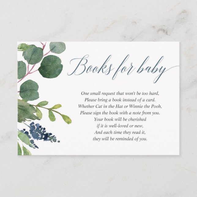 Greenery dusty blue boy baby shower book request enclosure card (Front)