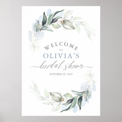 Greenery Dusty Blue Elegant Bridal Shower Poster