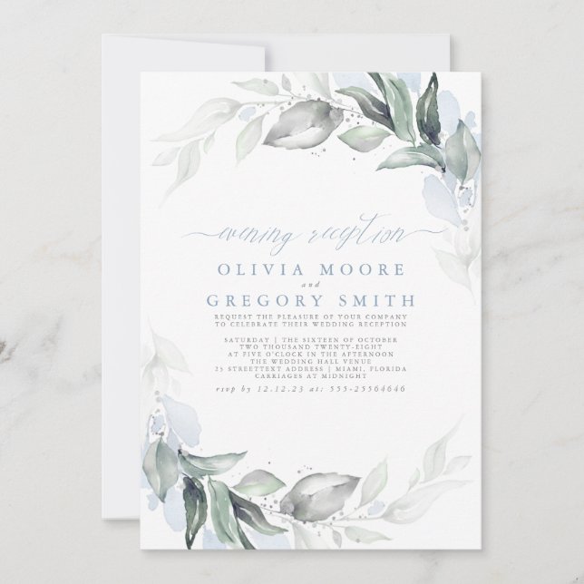 Greenery Dusty Blue Elegant Evening Reception Invitation (Front)