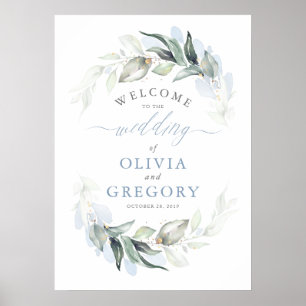 Greenery Dusty Blue Elegant Wedding Welcome Poster