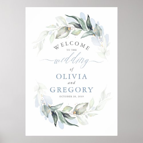 Greenery Dusty Blue Elegant Wedding Welcome Poster