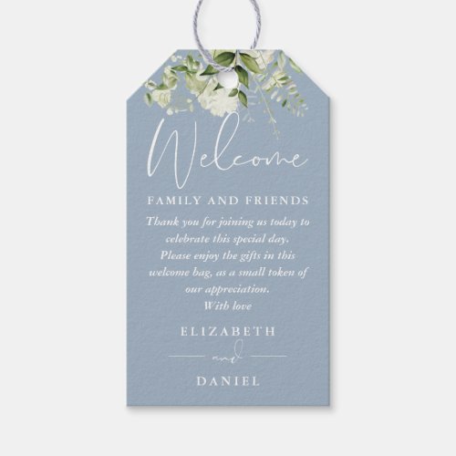 Greenery Dusty Blue Favor Welcome Basket Bag Gift Tags