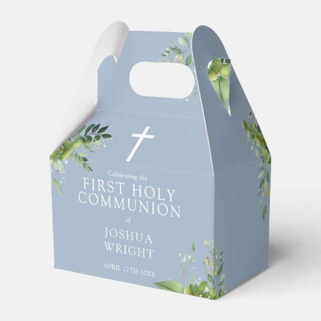 Greenery Dusty Blue First Holy Communion Favor Boxes (Back Side)
