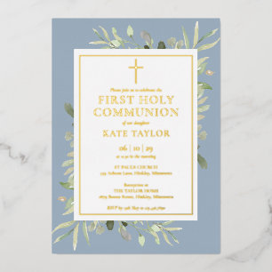 Greenery Dusty Blue First Holy Communion Gold Foil Invitation