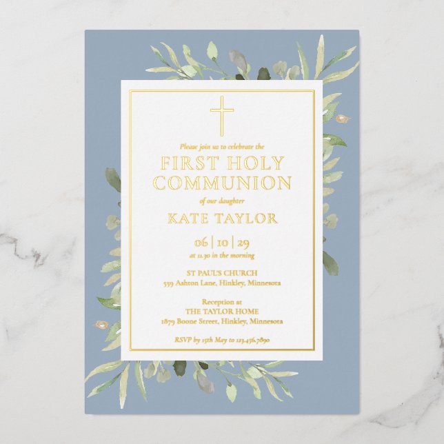 Greenery Dusty Blue First Holy Communion Gold Foil Invitation (Front)