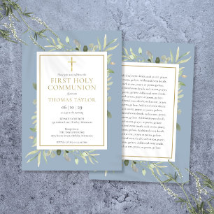 Greenery Dusty Blue First Holy Communion Invitation