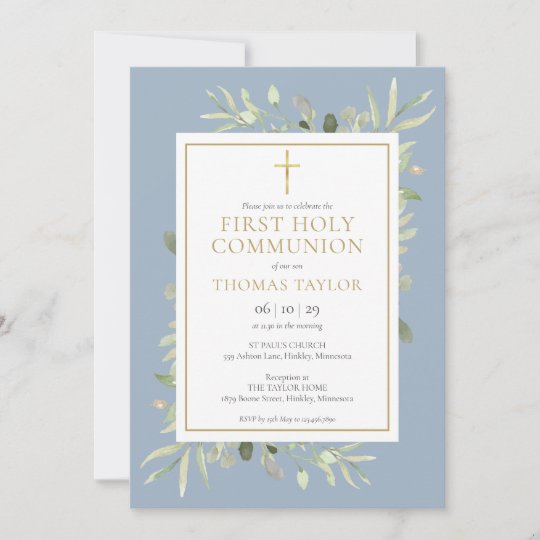 Greenery Dusty Blue First Holy Communion Invitation | Zazzle.com