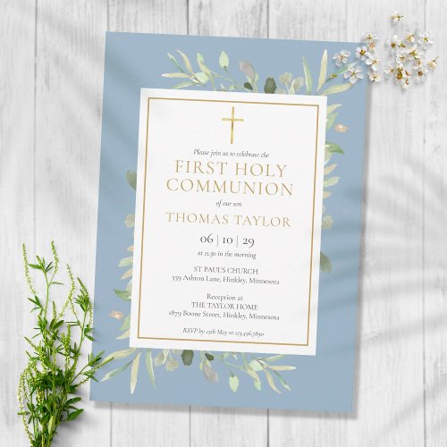 Greenery Dusty Blue First Holy Communion Photo Invitation