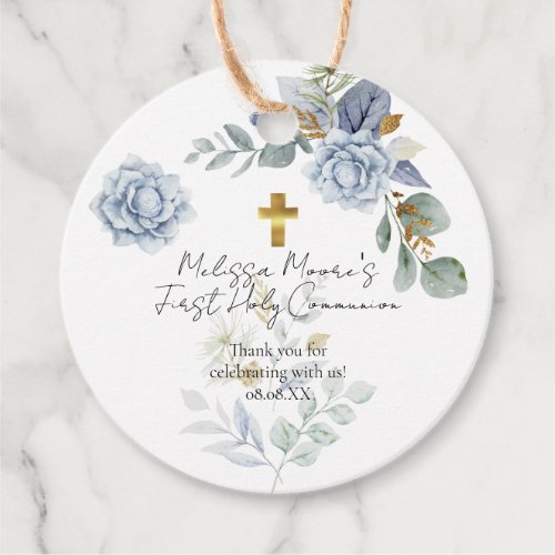 Greenery Dusty Blue Flower Baptism First Communion Favor Tags