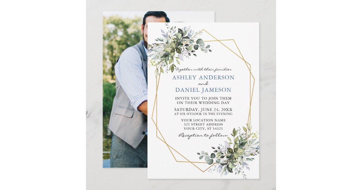 Greenery Dusty Blue Geo Frame Photo Back Wedding Invitation | Zazzle