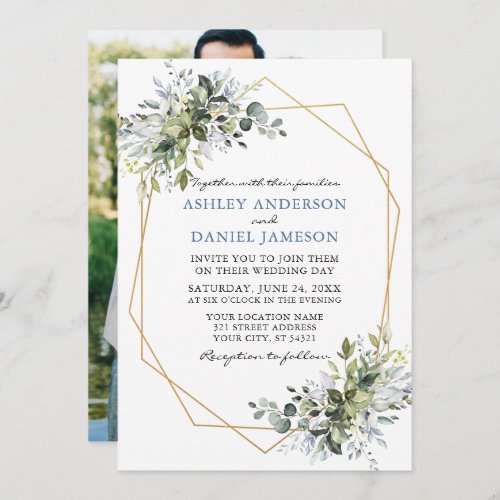 Greenery Dusty Blue Geo Frame Photo Back Wedding Invitation