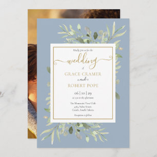 Greenery Dusty Blue Gold Script Photo Wedding Invitation