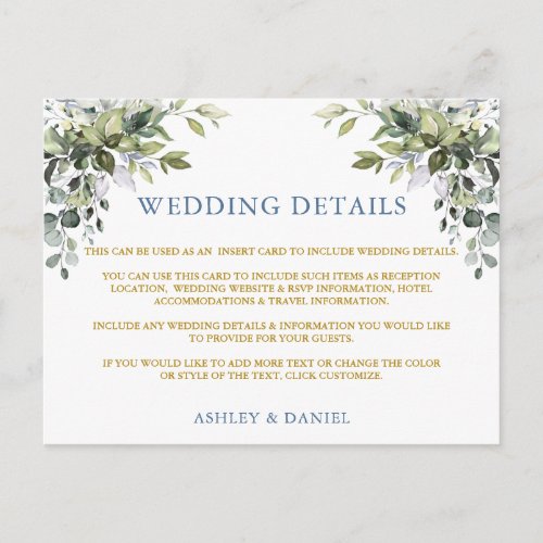 Greenery Dusty Blue Gold Wedding Details Card