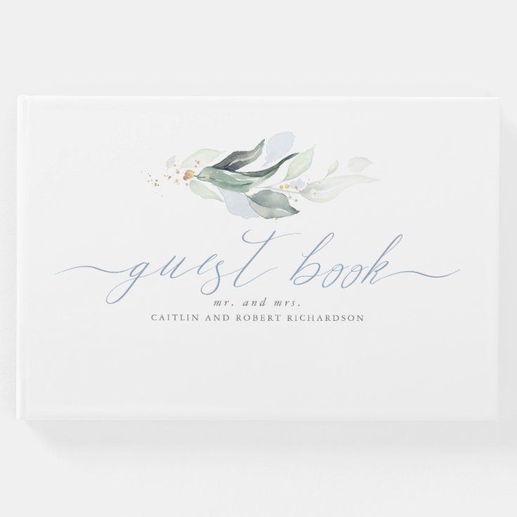 Greenery Dusty Blue Leaves Wedding Guest Book Zazzle