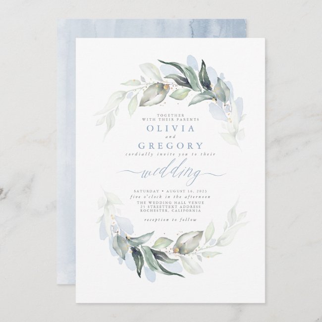 Greenery Dusty Blue Modern Elegant Wedding Invitation