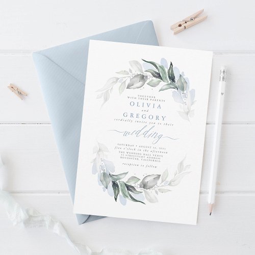 Greenery Dusty Blue Modern Elegant Wedding  Invitation