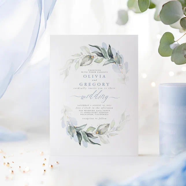 Greenery Dusty Blue Modern Elegant Wedding Invitation | Zazzle