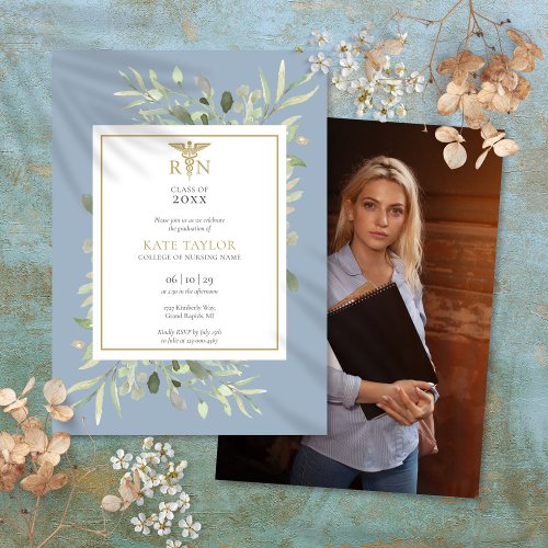 Greenery Dusty Blue RN Nursing Graduation Photo Invitation