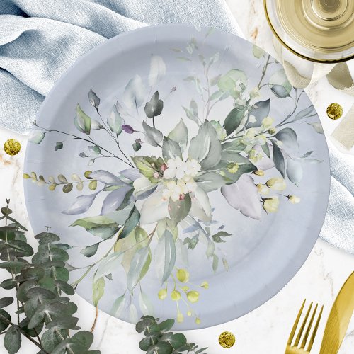 Greenery Dusty Blue Watercolor Bridal Shower Paper Plates