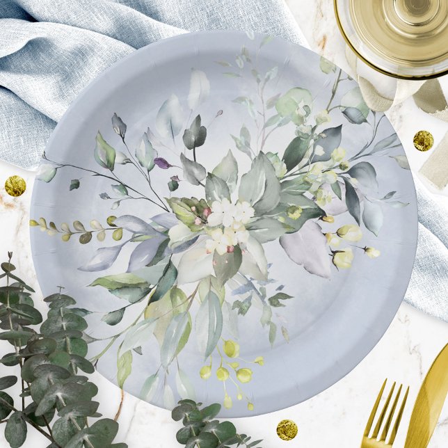 Greenery Dusty Blue Watercolor Bridal Shower Paper Plates (Creator Uploaded)