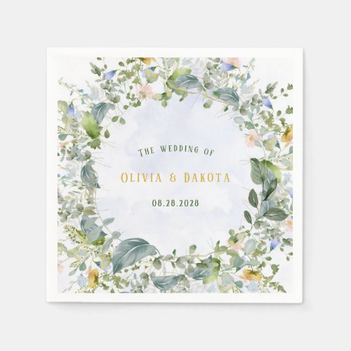 Greenery Dusty Blue Watercolor Wildflowers Wedding Napkins